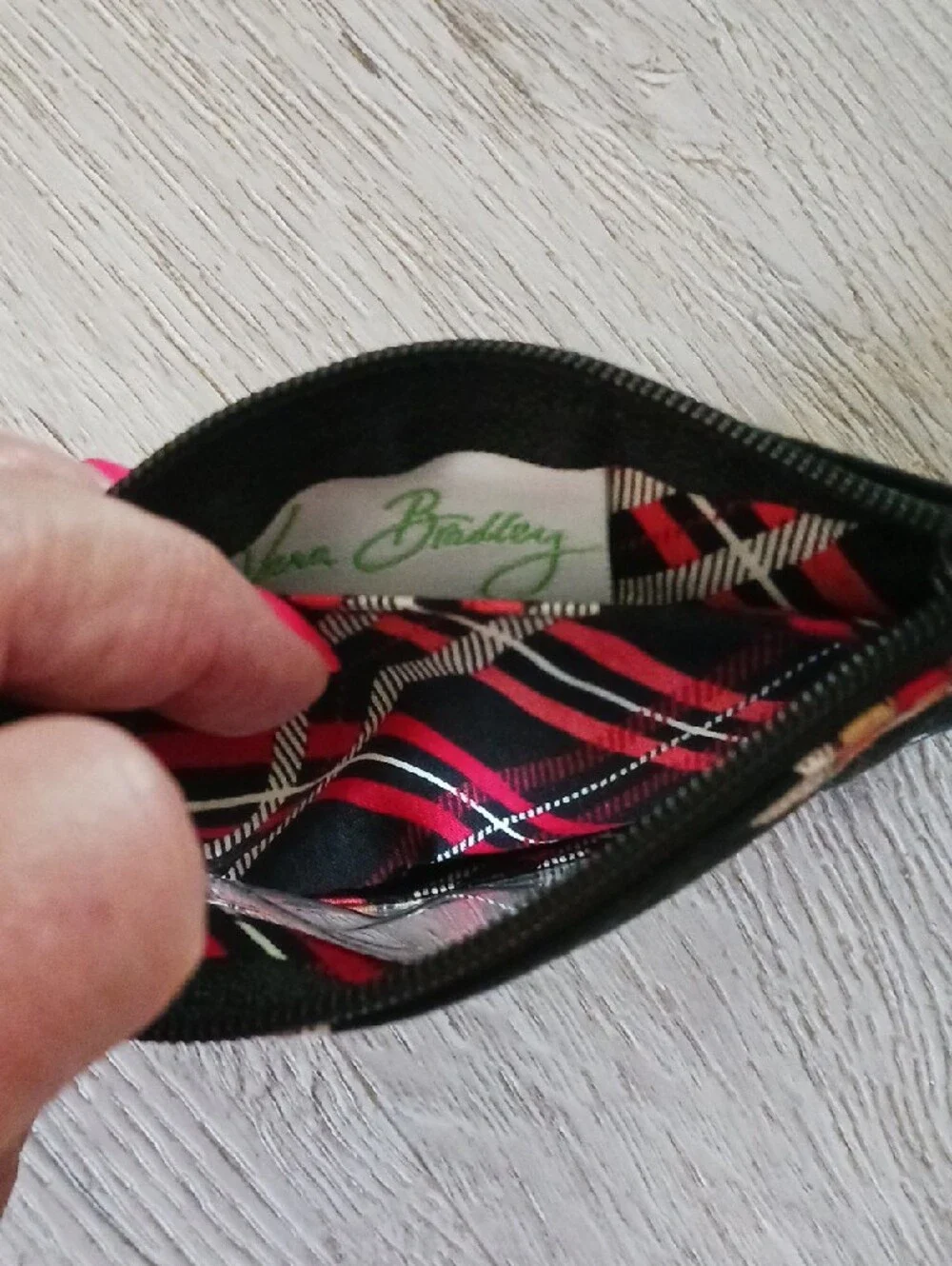 Vera Bradley Retired Pirouette Black Floral Card Wallet with Red Plaid Interior
